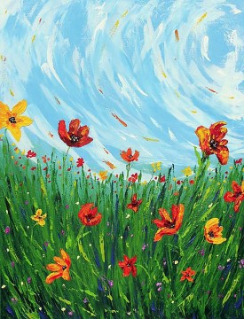 Art texture œuvres - Décoration murale de fleurs de prairie de ciel de fleurs sauvages texturée